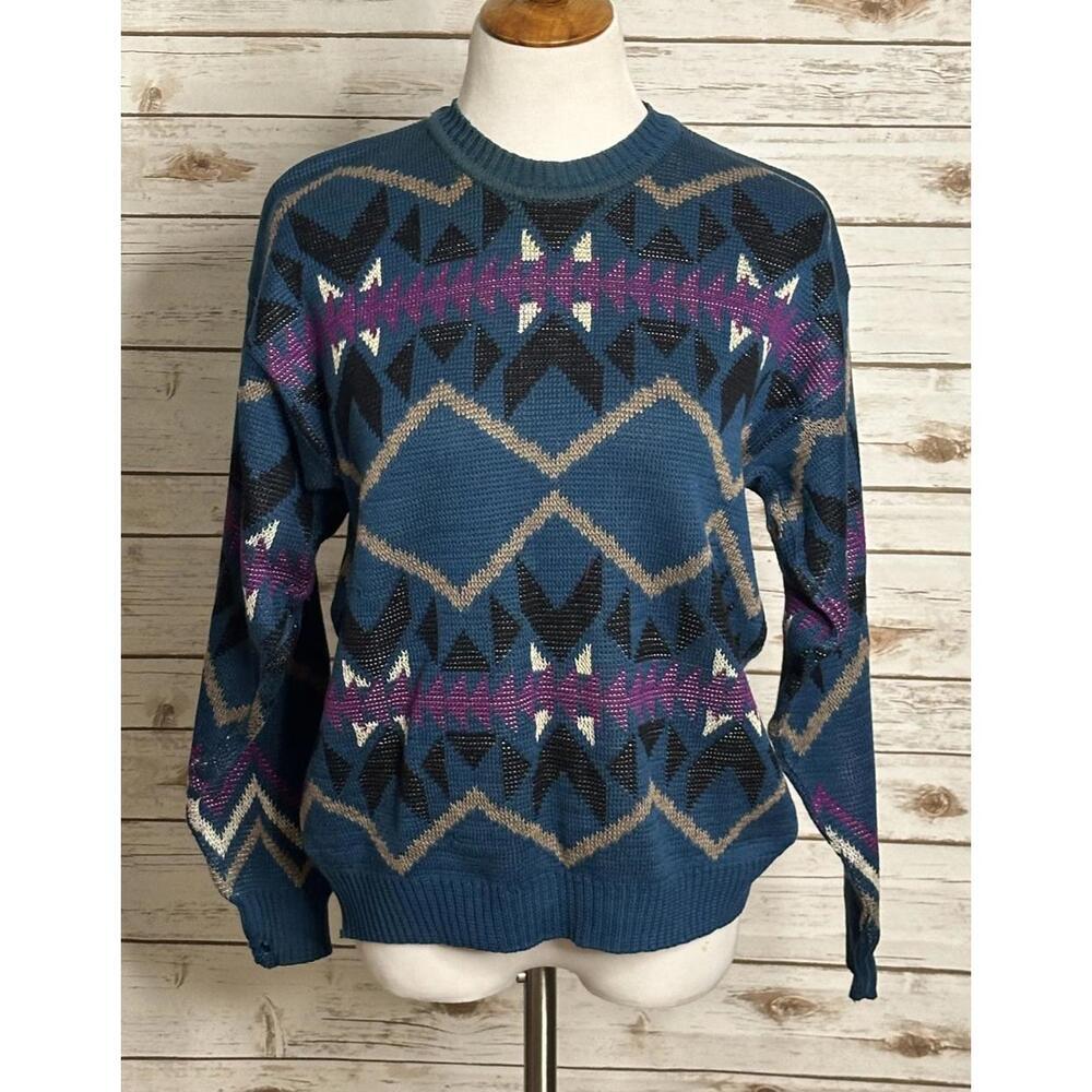 Vintage Perry Ellis grandpacore multicolored cotton pullover sweater Size Small